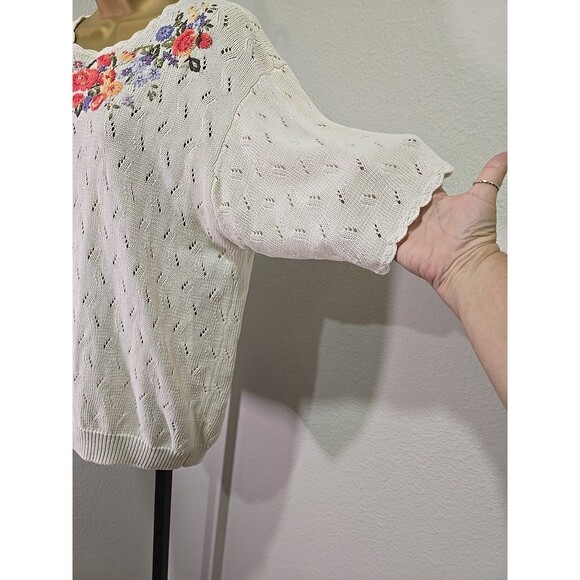 Vtg Cottage Cream Floral Embroidered Sweater Womens XL Granny Pointelle Pullover - Picture 3 of 6